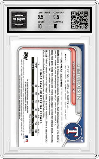 Abimelec Ortiz from the 2024 Bowman set featuring a Gold Shimmer Refractor parallel graded by Arena Club and given an overall grade of 10.