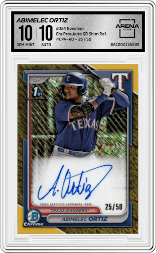 Abimelec Ortiz from the 2024 Bowman set featuring a Gold Shimmer Refractor parallel graded by Arena Club and given an overall grade of 10.