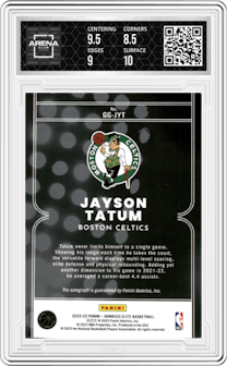 Jayson Tatum from the 2022-23 Donruss Elite set featuring a Red parallel graded by Arena Club and given an overall grade of 9.