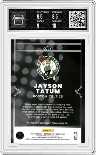 Jayson Tatum from the 2022-23 Donruss Elite set featuring a Red parallel graded by Arena Club and given an overall grade of 9.