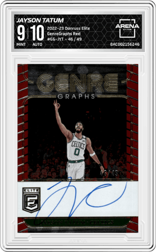 Jayson Tatum from the 2022-23 Donruss Elite set featuring a Red parallel graded by Arena Club and given an overall grade of 9.