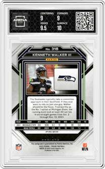 Kenneth Walker III from the 2022 Panini Prizm set featuring a Red Wave parallel graded by Arena Club and given an overall grade of 9.5.
