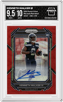 Kenneth Walker III from the 2022 Panini Prizm set featuring a Red Wave parallel graded by Arena Club and given an overall grade of 9.5.