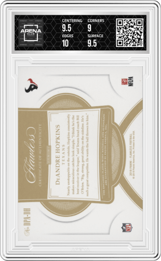 DeAndre Hopkins from the 2018 Panini Flawless set featuring a Silver parallel graded by Arena Club and given an overall grade of 9.5.