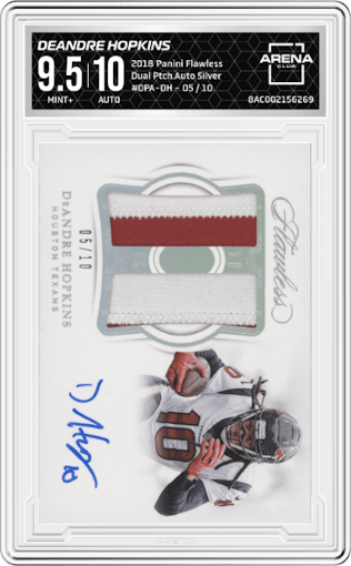 DeAndre Hopkins from the 2018 Panini Flawless set featuring a Silver parallel graded by Arena Club and given an overall grade of 9.5.