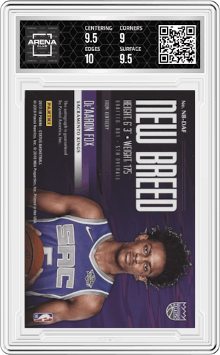 De'Aaron Fox from the 2017-18 Panini Status set graded by Arena Club and given an overall grade of 9.5.