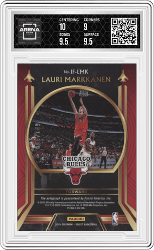 Lauri Markkanen from the 2019-20 Panini Select set graded by Arena Club and given an overall grade of 9.5.