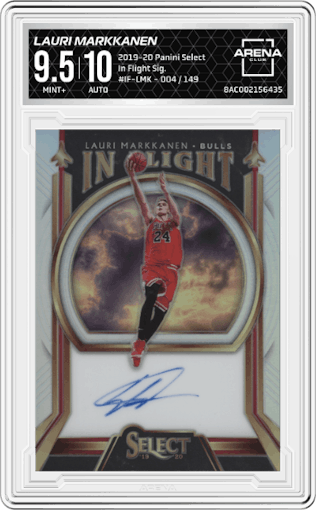 Lauri Markkanen from the 2019-20 Panini Select set graded by Arena Club and given an overall grade of 9.5.