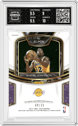 Magic Johnson from the 2020-21 Panini Select  set featuring a Neon Green Prizm parallel graded by Arena Club and given an overall grade of 9.5.