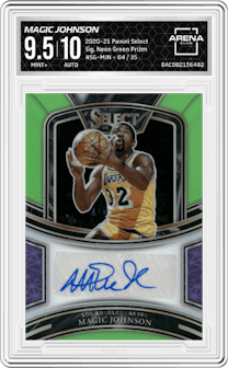 Magic Johnson from the 2020-21 Panini Select  set featuring a Neon Green Prizm parallel graded by Arena Club and given an overall grade of 9.5.