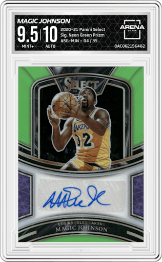 Magic Johnson from the 2020-21 Panini Select  set featuring a Neon Green Prizm parallel graded by Arena Club and given an overall grade of 9.5.