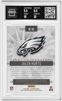 Jalen Hurts from the 2020 Panini Illusions set featuring a Red parallel graded by Arena Club and given an overall grade of 9.