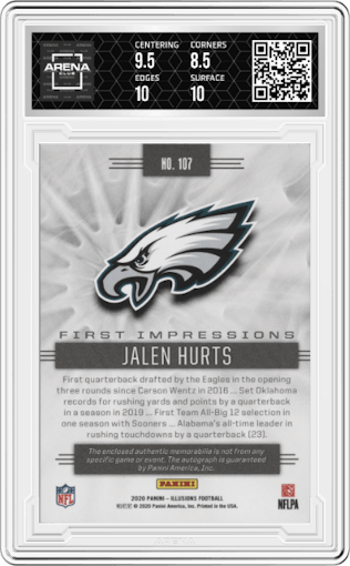 Jalen Hurts from the 2020 Panini Illusions set featuring a Red parallel graded by Arena Club and given an overall grade of 9.