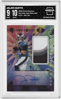 Jalen Hurts from the 2020 Panini Illusions set featuring a Red parallel graded by Arena Club and given an overall grade of 9.