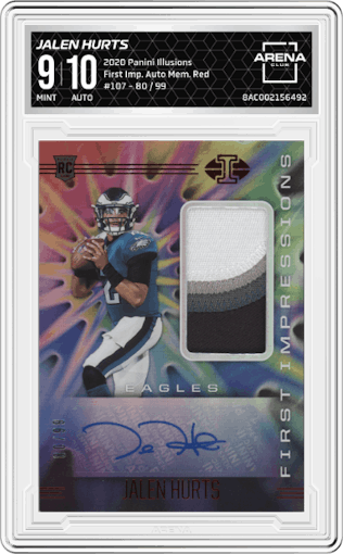 Jalen Hurts from the 2020 Panini Illusions set featuring a Red parallel graded by Arena Club and given an overall grade of 9.