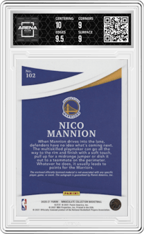 Nico Mannion from the 2020-21 Panini Immaculate Collection  set featuring a Tag parallel graded by Arena Club and given an overall grade of 9.5.