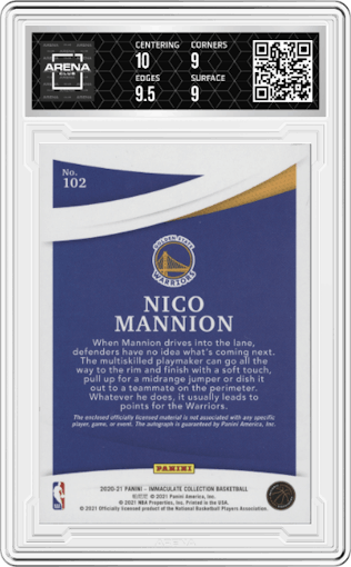 Nico Mannion from the 2020-21 Panini Immaculate Collection  set featuring a Tag parallel graded by Arena Club and given an overall grade of 9.5.