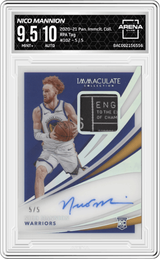 Nico Mannion from the 2020-21 Panini Immaculate Collection  set featuring a Tag parallel graded by Arena Club and given an overall grade of 9.5.