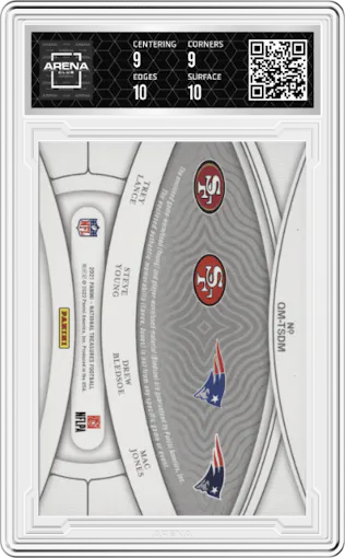 Trey Lance/Steve Young/Drew Bledsoe/Mac Jones from the 2021 Panini National Treasures set graded by Arena Club and given an overall grade of 9.5.