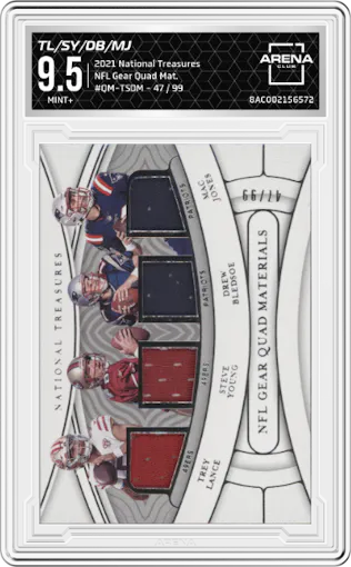 Trey Lance/Steve Young/Drew Bledsoe/Mac Jones from the 2021 Panini National Treasures set graded by Arena Club and given an overall grade of 9.5.