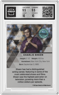 Charlie Sheen from the 2021 Super Glow set graded by Arena Club and given an overall grade of 10.
