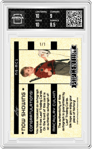 Macaulay Culkin from the 2024 Leaf Metal Pop Century set featuring a Red Prismatic parallel graded by Arena Club and given an overall grade of 9.
