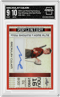 Macaulay Culkin from the 2024 Leaf Metal Pop Century set featuring a Red Prismatic parallel graded by Arena Club and given an overall grade of 9.