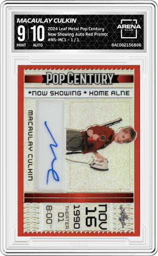 Macaulay Culkin from the 2024 Leaf Metal Pop Century set featuring a Red Prismatic parallel graded by Arena Club and given an overall grade of 9.