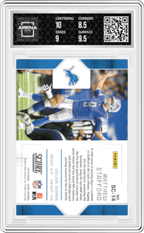 Matthew Stafford from the 2019 Panini Score set graded by Arena Club and given an overall grade of 9.