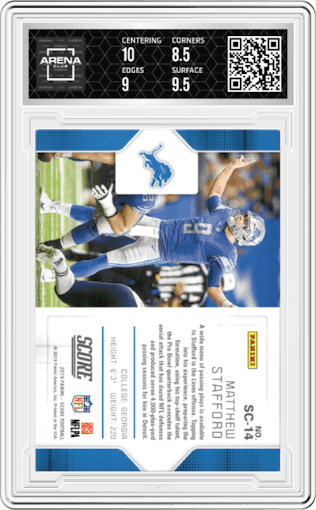 Matthew Stafford from the 2019 Panini Score set graded by Arena Club and given an overall grade of 9.