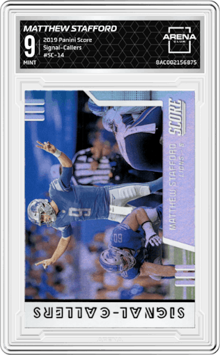 Matthew Stafford from the 2019 Panini Score set graded by Arena Club and given an overall grade of 9.