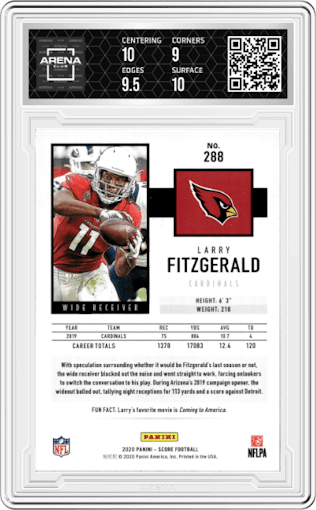 Larry Fitzgerald from the 2020 Panini Score set graded by Arena Club and given an overall grade of 9.5.