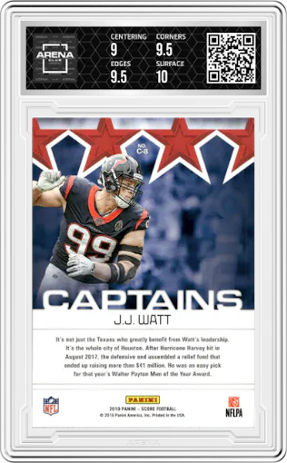 J.J. Watt from the 2019 Panini Score set graded by Arena Club and given an overall grade of 9.5.