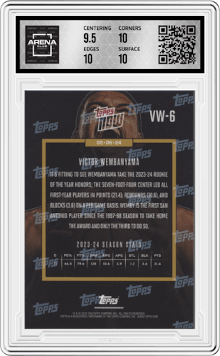 Victor Wembanyama from the 2023-24 Topps Now set graded by Arena Club and given an overall grade of 10.