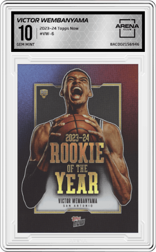 Victor Wembanyama from the 2023-24 Topps Now set graded by Arena Club and given an overall grade of 10.