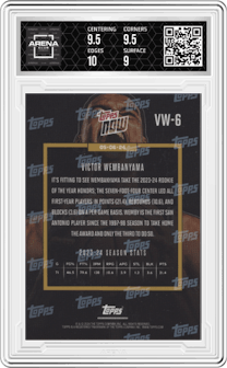 Victor Wembanyama from the 2023-24 Topps Now set graded by Arena Club and given an overall grade of 9.5.