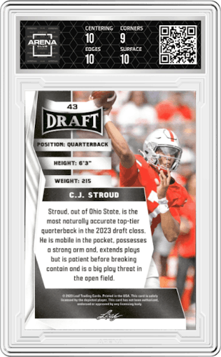 C.J. Stroud from the 2023 Leaf Draft set featuring a Green parallel graded by Arena Club and given an overall grade of 9.5.