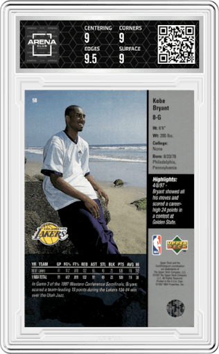 Kobe Bryant from the 1997-98 Upper Deck set graded by Arena Club and given an overall grade of 9.