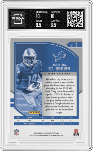 Amon-Ra St. Brown from the 2021 Panini Absolute set graded by Arena Club and given an overall grade of 9.
