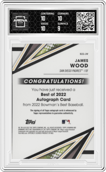 James Wood from the 2022 Bowman’s Best   set graded by Arena Club and given an overall grade of 9.5.