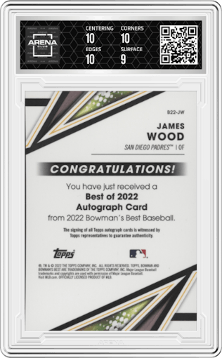James Wood from the 2022 Bowman’s Best   set graded by Arena Club and given an overall grade of 9.5.