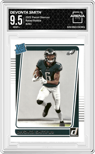 DeVonta Smith from the 2021 Panini Donruss set graded by Arena Club and given an overall grade of 9.5.
