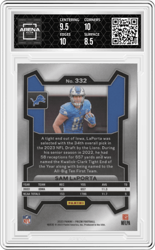Sam LaPorta from the 2023 Panini Prizm set graded by Arena Club and given an overall grade of 9.