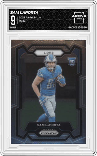 Sam LaPorta from the 2023 Panini Prizm set graded by Arena Club and given an overall grade of 9.
