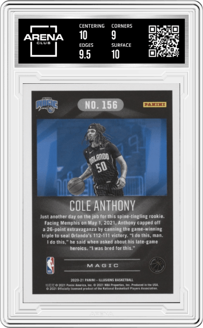 Cole Anthony from the 2020-21 Panini Illusions  set graded by Arena Club and given an overall grade of 9.5.