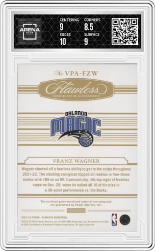 Franz Wagner from the 2021-22 Panini Flawless set graded by Arena Club and given an overall grade of 9.