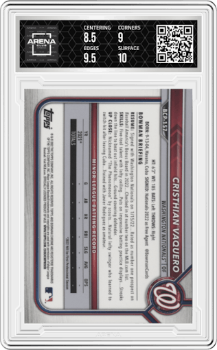 Cristhian Vaquero from the 2022 Bowman Chrome Mega Box set graded by Arena Club and given an overall grade of 9.