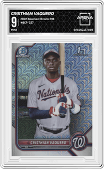 Cristhian Vaquero from the 2022 Bowman Chrome Mega Box set graded by Arena Club and given an overall grade of 9.