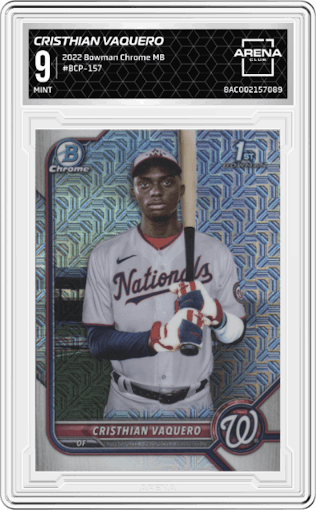 Cristhian Vaquero from the 2022 Bowman Chrome Mega Box set graded by Arena Club and given an overall grade of 9.