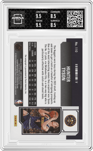 Hunter Tyson from the 2022-23 Panini Contenders set featuring a Playoff parallel graded by Arena Club and given an overall grade of 9.